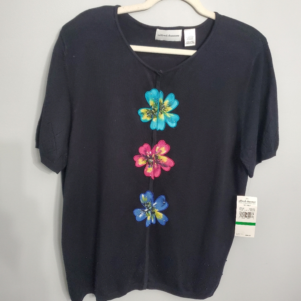 Alfred Dunner Black Floral Embroired Beaded Women's Short Sleeve Knit Top Sz L